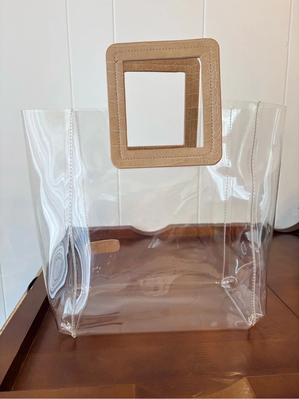 Clear PVC Tote with Tan Square Handles Modern & Easy to Style Structured Light